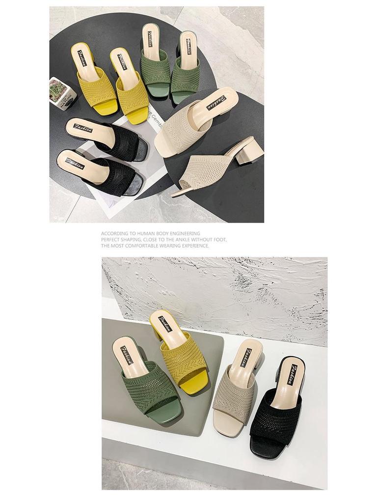 Women's Summer Fly-Knit Mid-Heel Slide Sandals in Korean Style