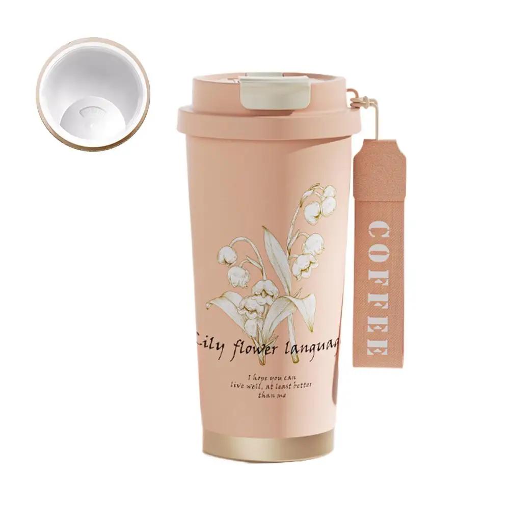 530ml Lily Of The Valley Mug Stainless Steel Kawaii Flower Thermal Tumbler Coffee Tumbler Cup Gift Water Birthday K2X2