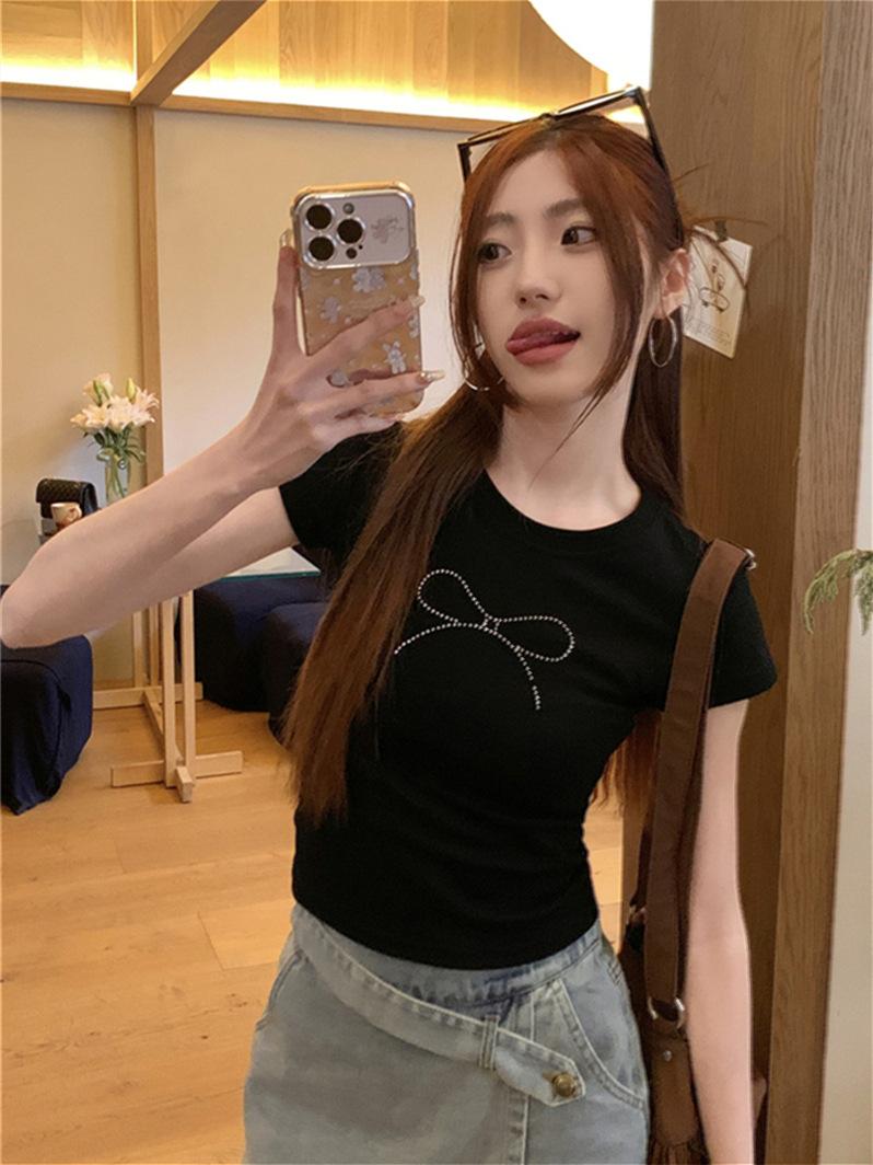 

American Spice Girl Bow Hot Diamond Short Sleeve T-Shirt Women s Summer New Slim Skinny Navel Short Top S чёрный