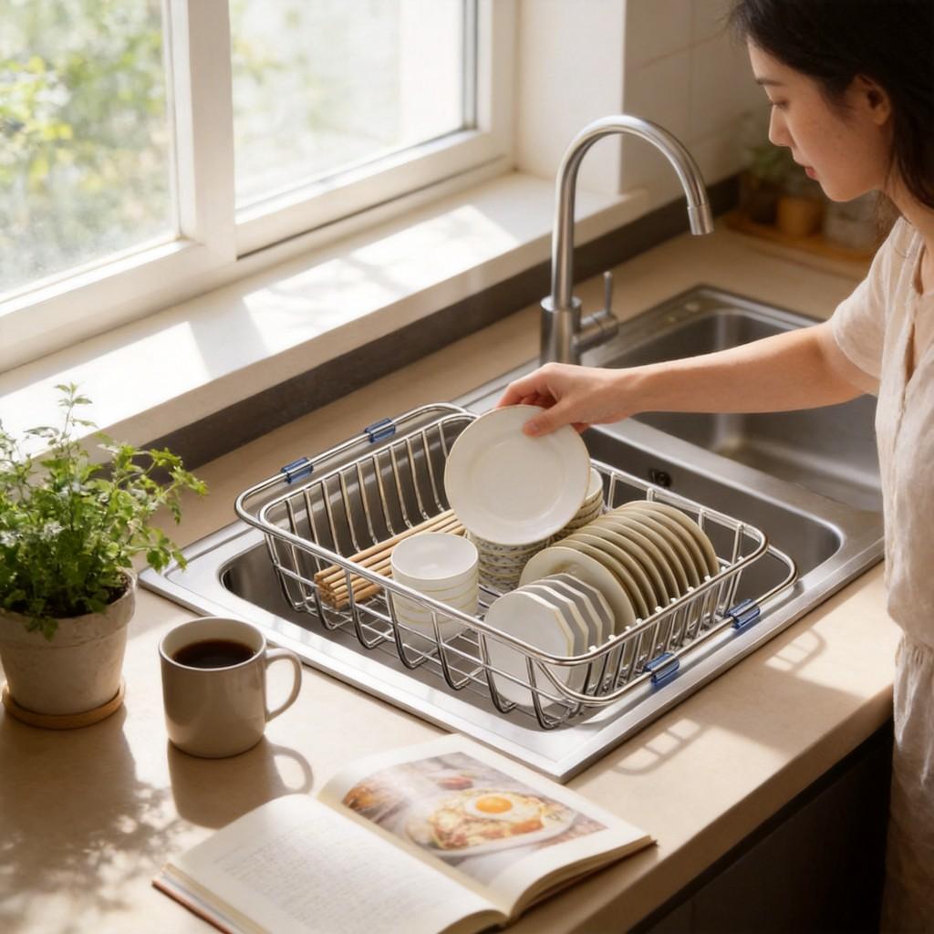 Stainless Steel Sink Drain Basket With Adjustable Size For Dish Drying And Organization