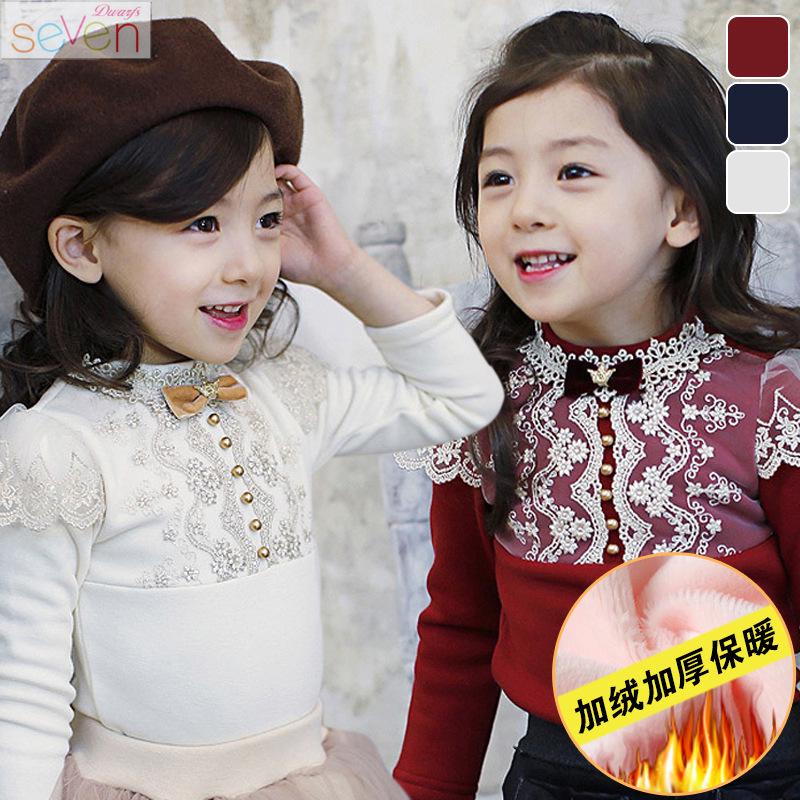 Girls' Thickened Lace Beaded Warm Fleece-lined Winter T-shirt