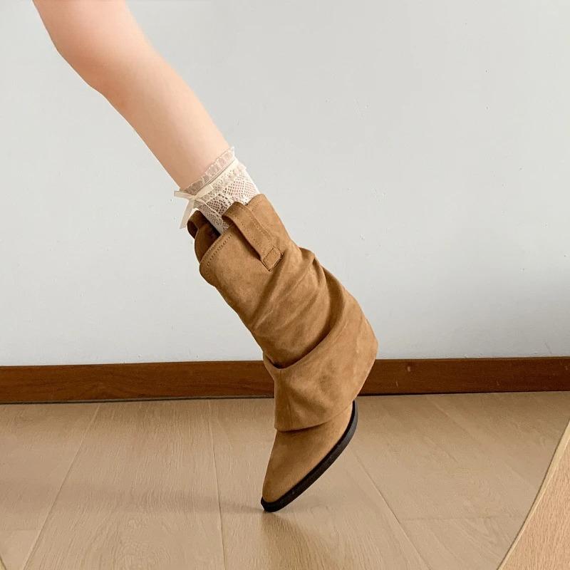 Fashion Vintage Pointed Toe Women Western Cowboy Boots Fashion Slip On Shoes Ladies Elegant Thick Heel Mordern Short Booties Autumn