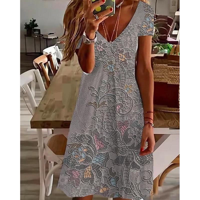 Letní móda Dámské šaty s výstřihem do V a krátkým rukávem s retro potiskem Sexi krátké sukně Šaty
