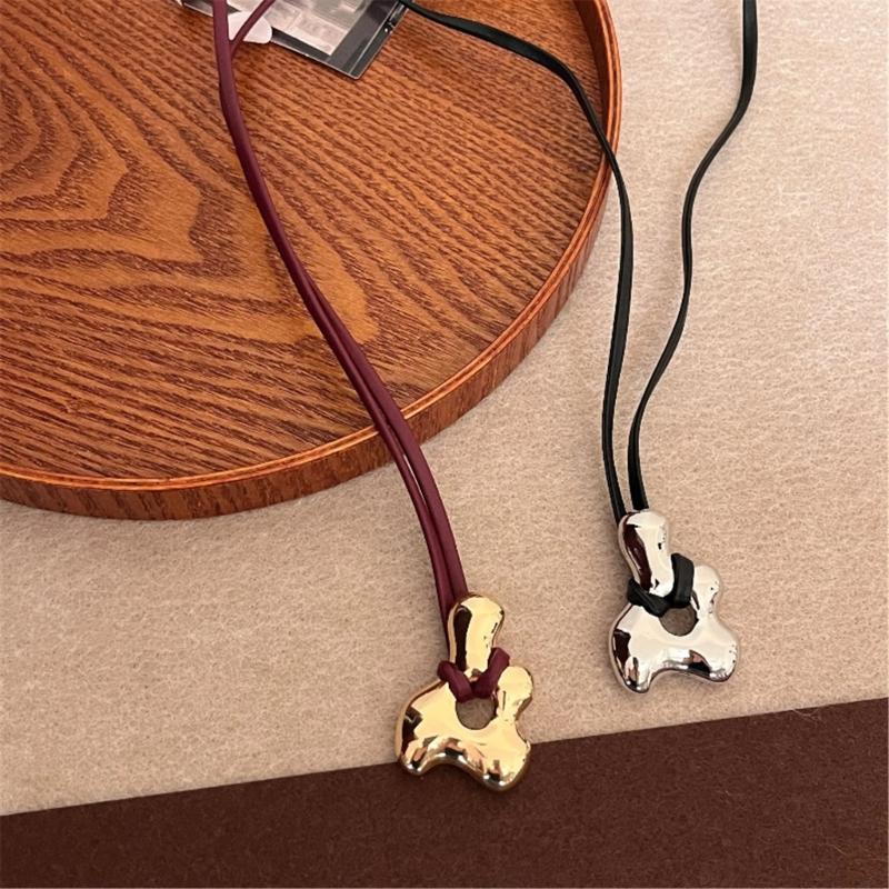 Elegant Handmade Abstract Hollow Pendant Choker Adjustable PU Leather Chain Necklace Trendy Accessory for Ladies