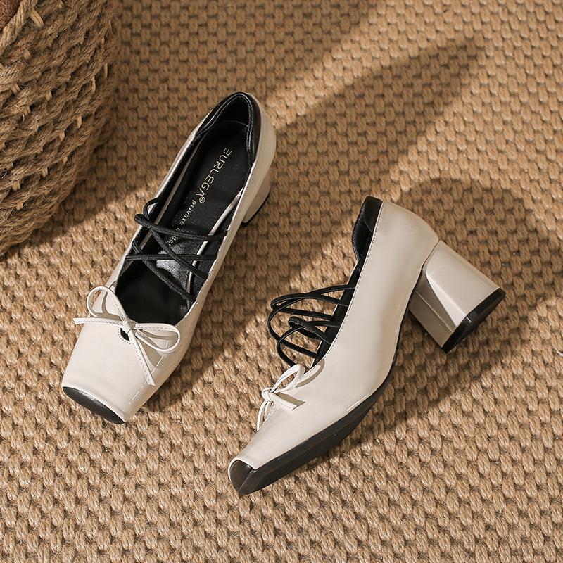 Vintage Leather Square Heel Mary Jane Shoes High Heel Fairy Ballet Shoes Cross Strap Silver Single Shoes