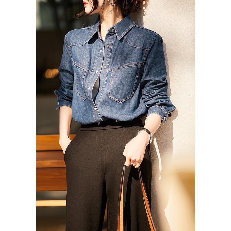 French casual denim shirt jacket women's spring and autumn design sense niche stacked shirt loose and thin washed top