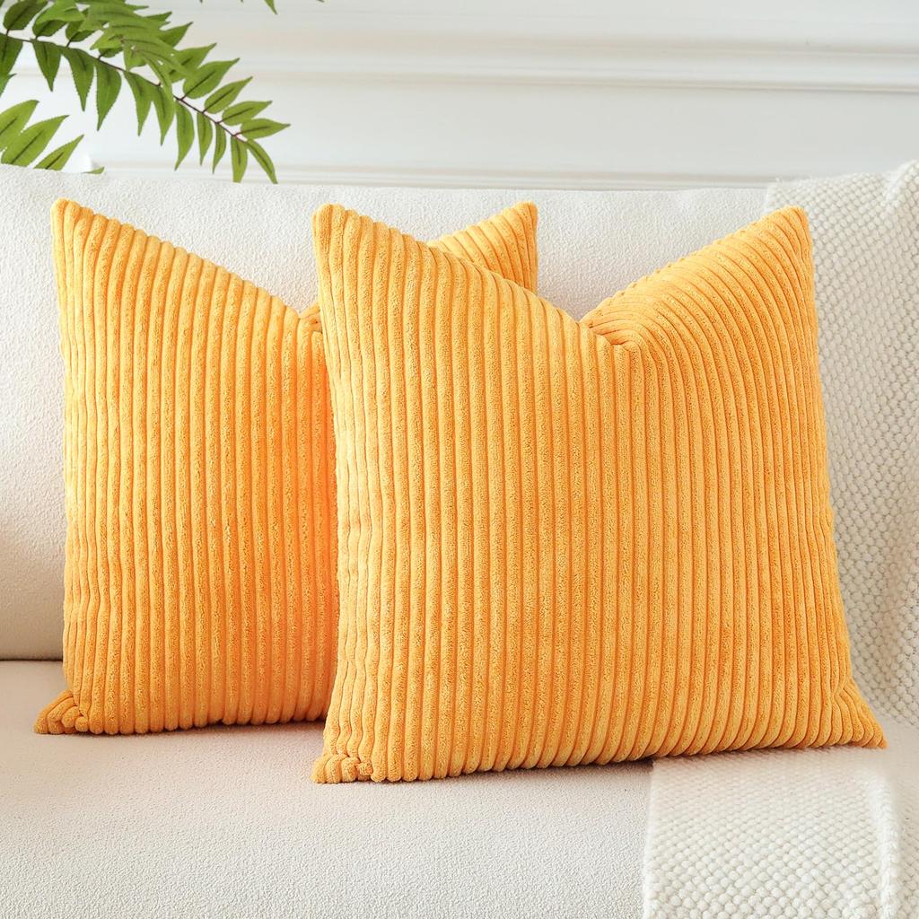 Otostar 45x45cm Nordic Style Corduroy Striped Cushion Set of Stylish and Cute Modern Design with Zipper Sofa Cushion Covers Orange Covers, 2, closure,
