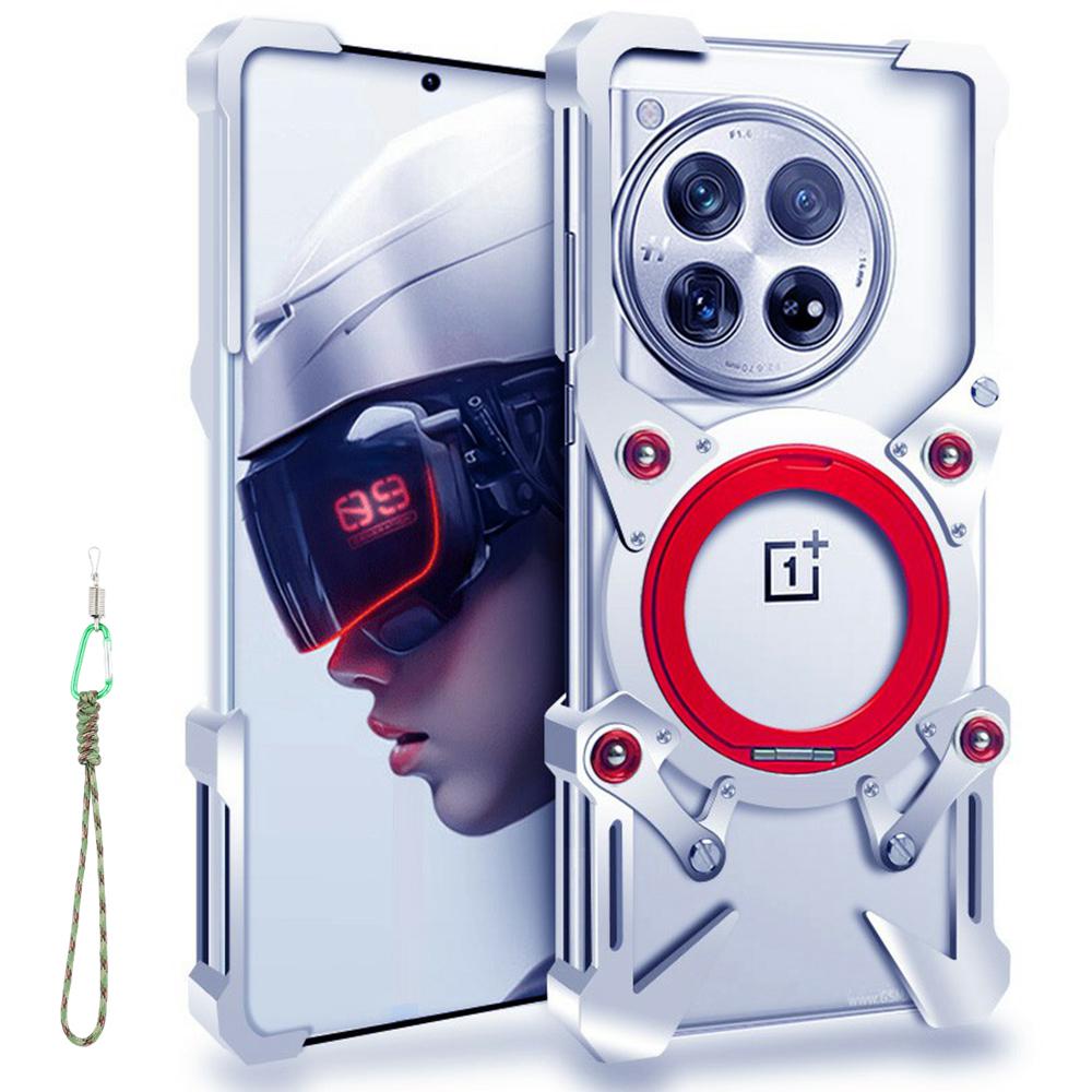 

For OnePlus 12 5G Bumper Case Kickstand Aluminum Alloy Magnetic Phone Cover with Wrist Strap Silver