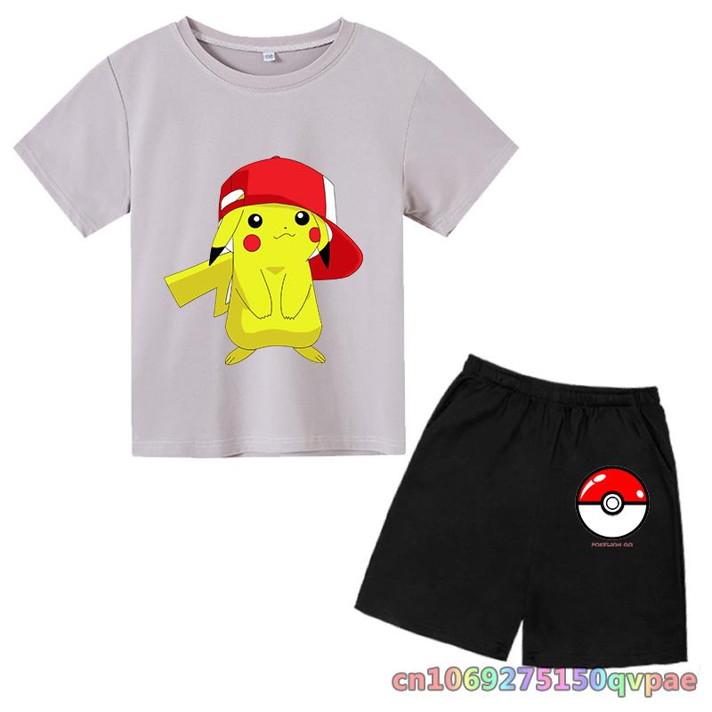 Children's Clothes Cartoon Summer Kids Animal Pokemon T-shirt Set Boys' Clothing  Leisure Cotton Pikachu Print Short Sleeve