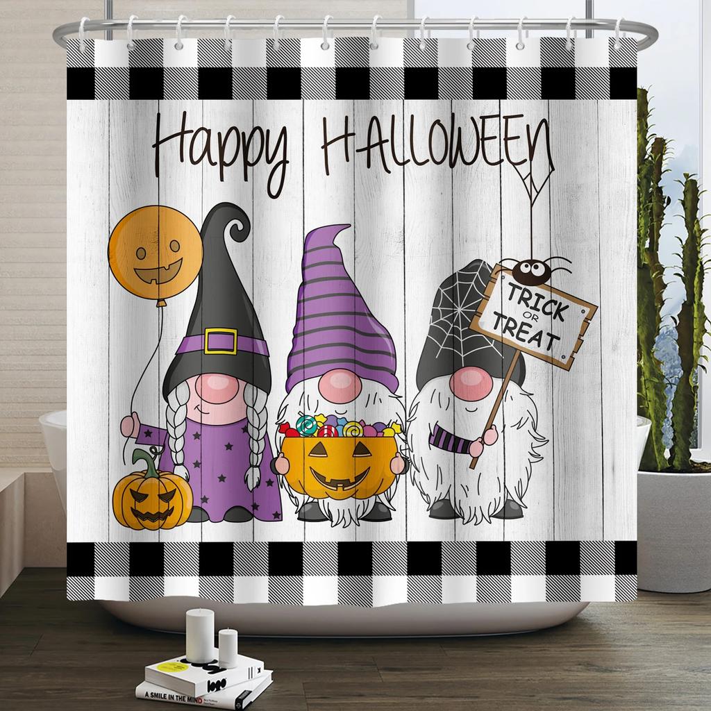 Halloween Shower Curtain Funny Horror Pumpkin Bat Cartoon Cat Happy Halloween Bathroom Curtain for Kids Waterproof Bath Curtain