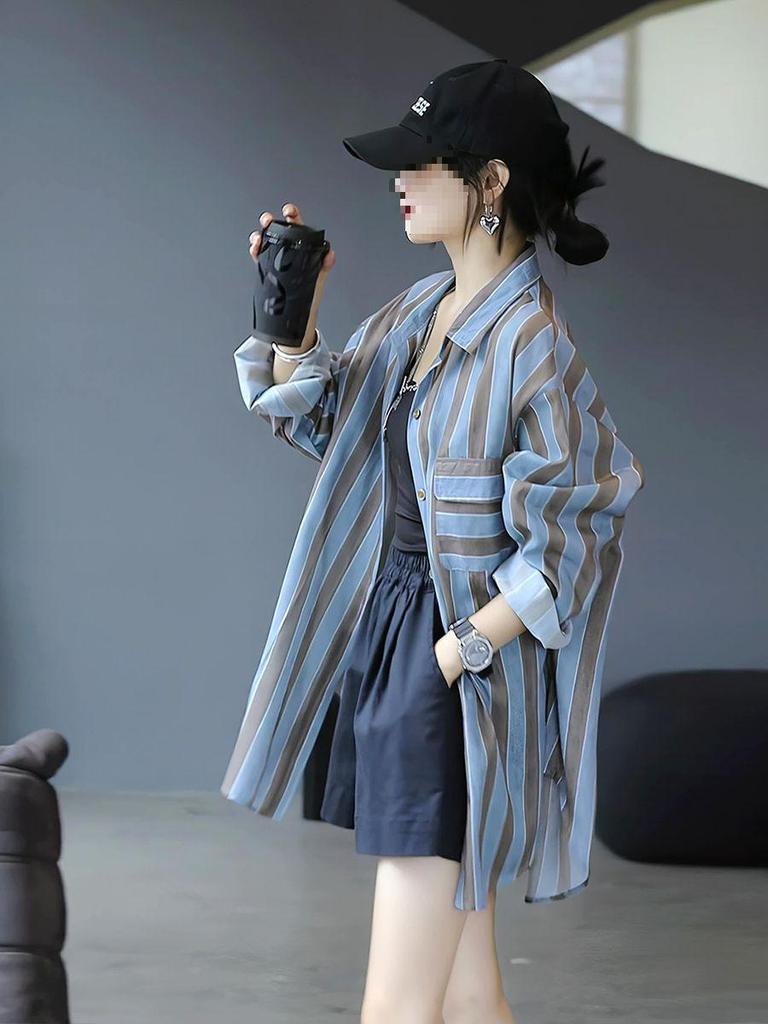 Women's Striped Long-Sleeve Shirt - Spring/Autumn Style, Sun Protection, Fresh & Loose Top