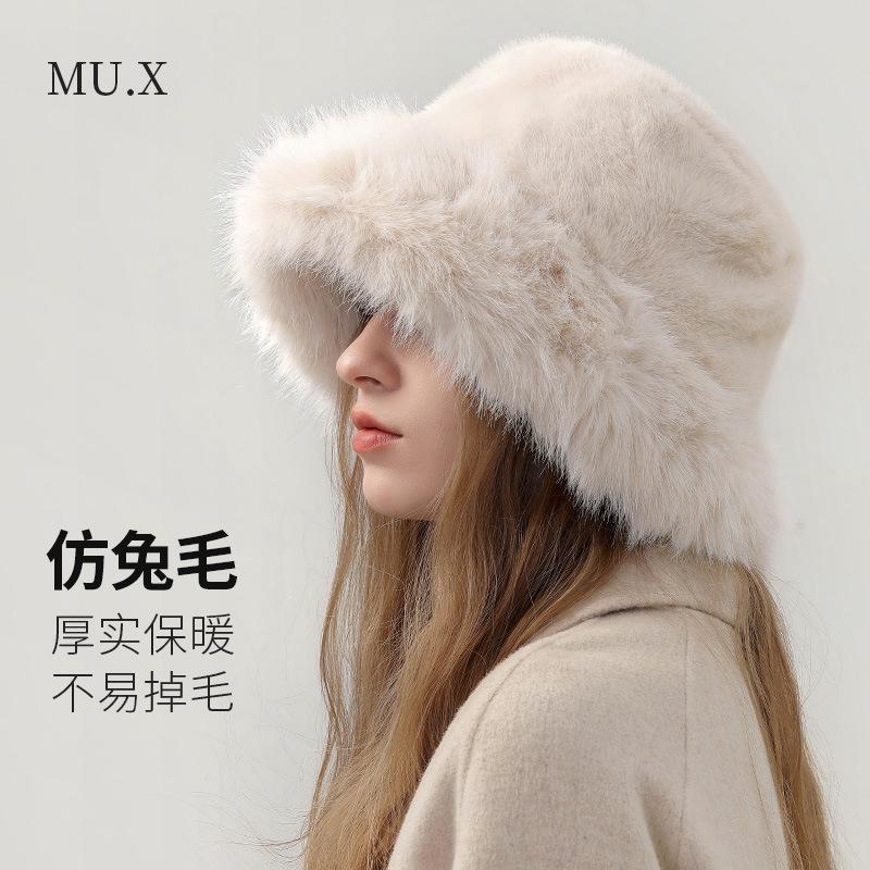 Advanced imitation rabbit fur bucket hat autumn and winter plush warm ear protection small solid color flat top Mongolian hat