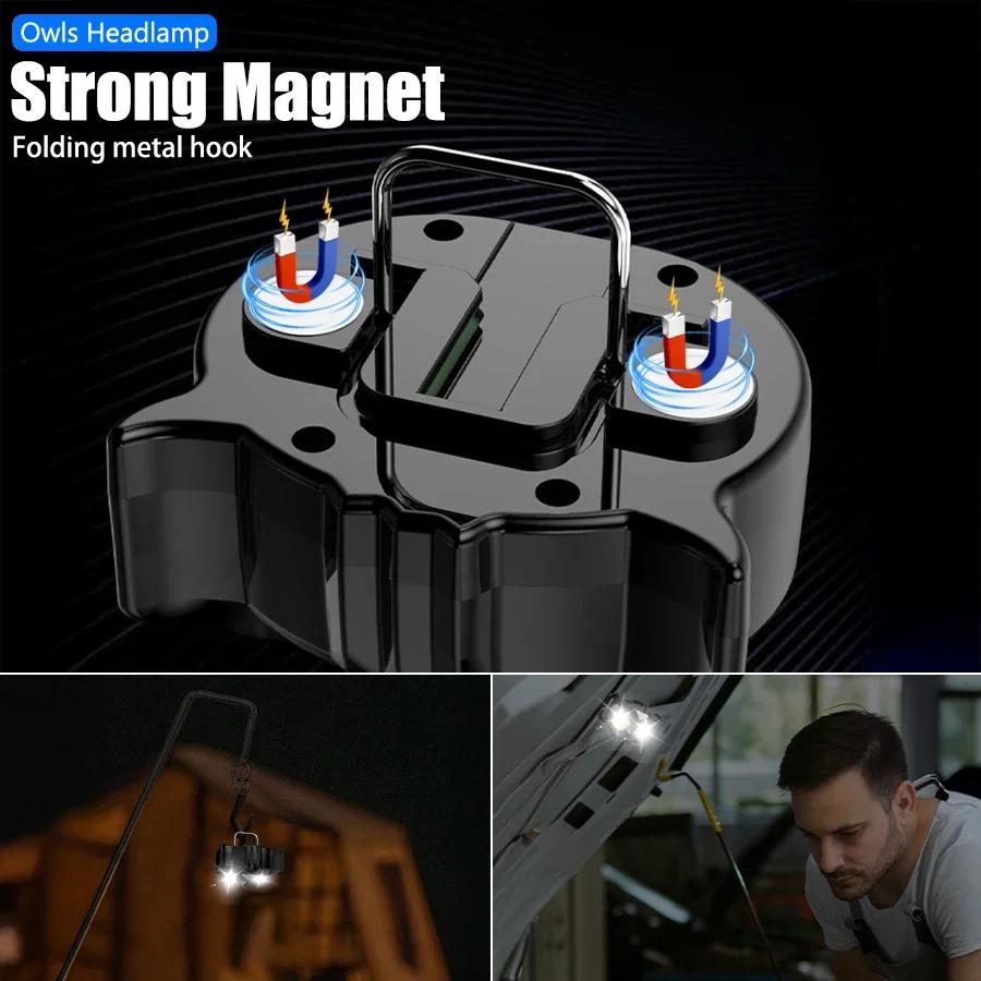 COB Owl Mini Headlamp Type-C Charge Headlight Portable Hunting Strong Magnet LED Flashlight Camping HeadLamp with Hanging Hook