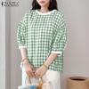 ZANZEA Women Casual Round Neck Half Sleeve Grid Print Blouse