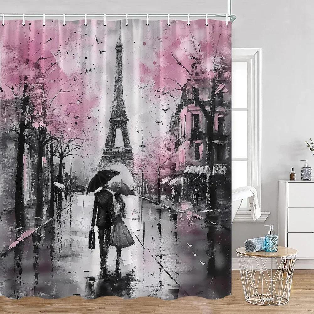 Pink Fashion Romantic Shower Curtain Paris Landscape Dress Pink Bathroom Decoration Modern Bathroom Curtain with Hook