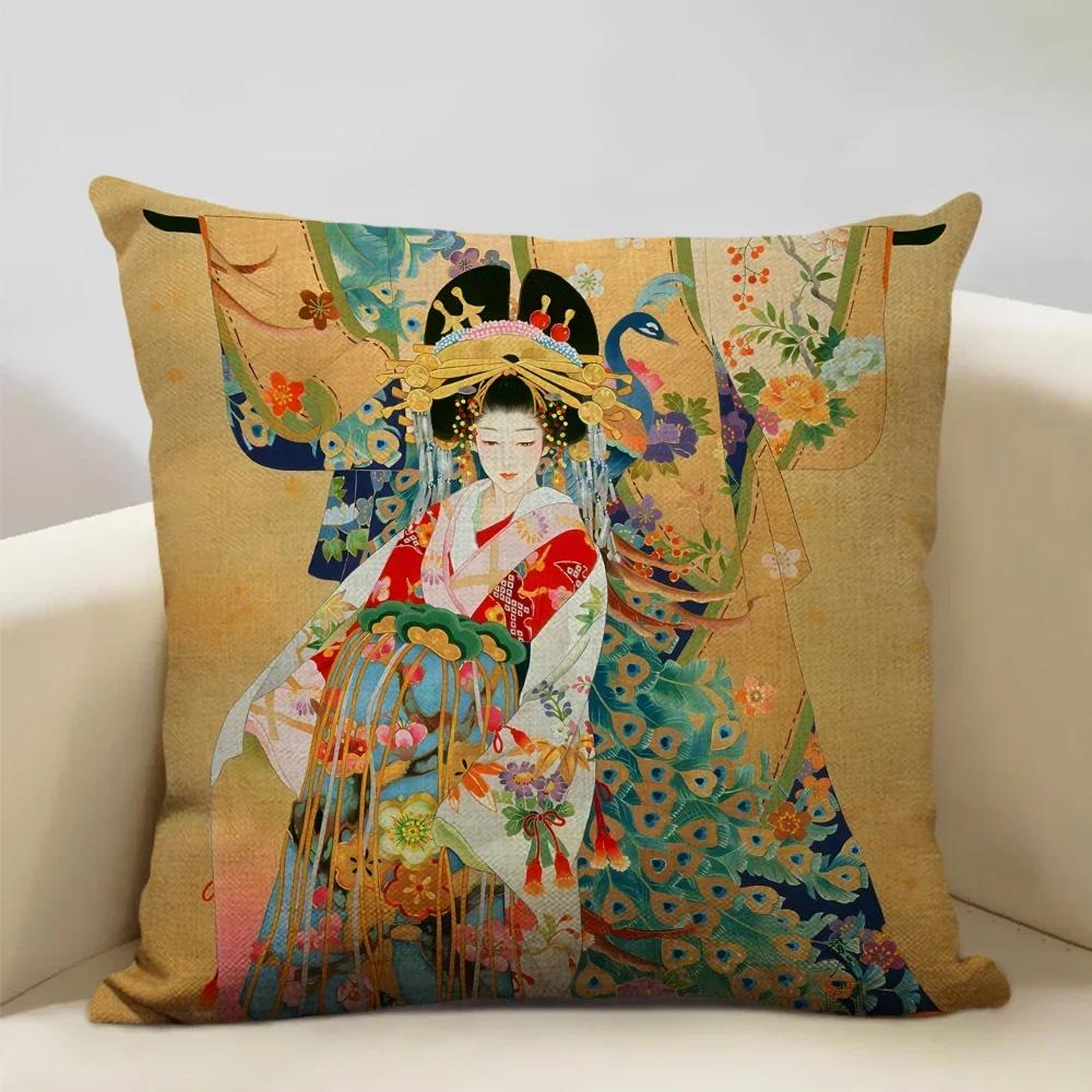Classic Japanese Lady Decorative Cushion Cover Living Room Sofa Pillow Case 45x45cm Linen Pillowcase Home Art Decor