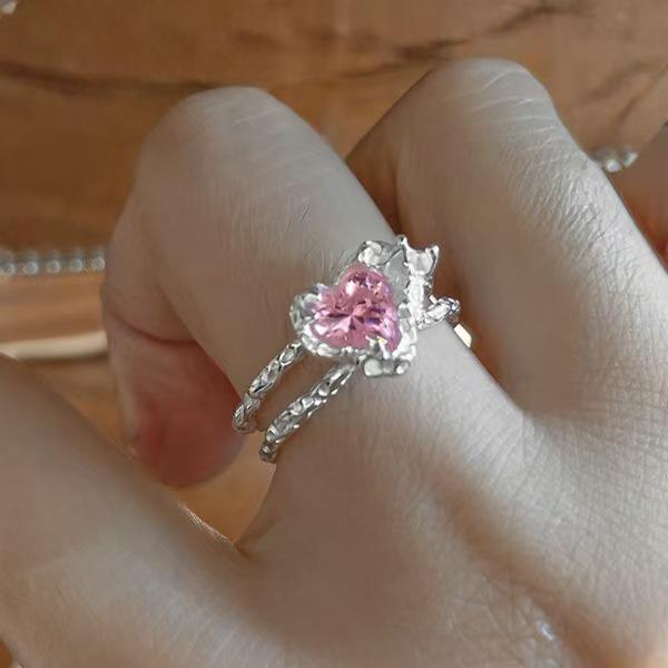 Adjustable Pink Heart Zircon Ring: Irregular Luxury and Trendy Style