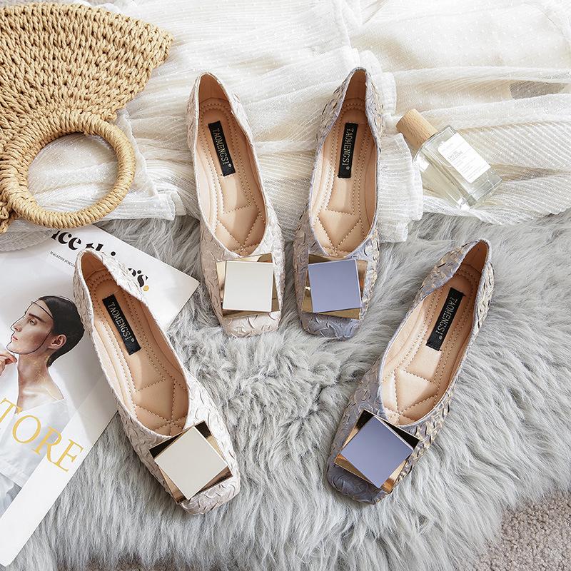 Square Head Large Size Single Shoes Women's Square Buckle Soft Flat Bottom One Pedal Doudou Shallow Mouth Large Size Ladyshoes Size 34-42