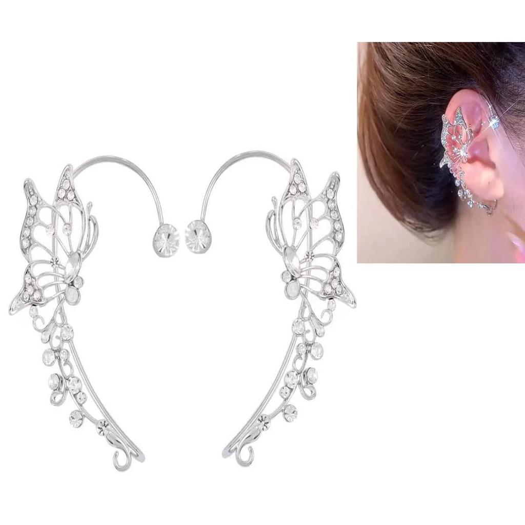 Elegant Korean Elf Butterfly Ear Cuff for Women Sparkling Zircon Crystal Clip Earrings No Piercing Required Wedding Jewelry