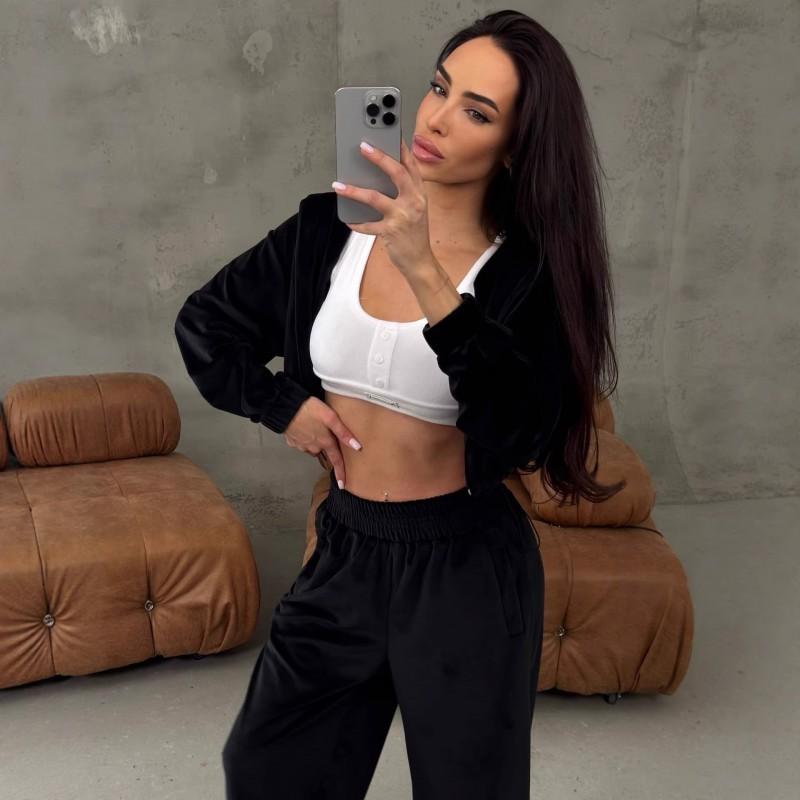 Womens Casual 2-Piece Set Long Sleeve Zip-Up Cropped Cardigan Elastic Waist Wide Leg Pants