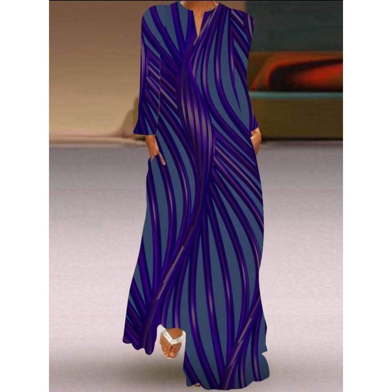 Long Sleeve Dress New Fashion Women's Clothing 3D Colorful Printing Stage Show Travel Photo Pocket V Neck Dress