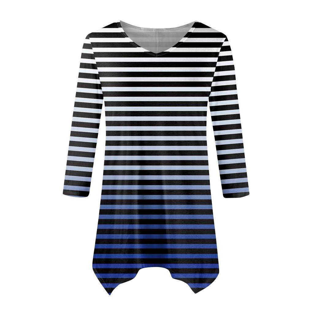 Women's Fashion Casual V-neck Striped Printed Seven-point Sleeve Shirt Belted Loose Comfortable Top