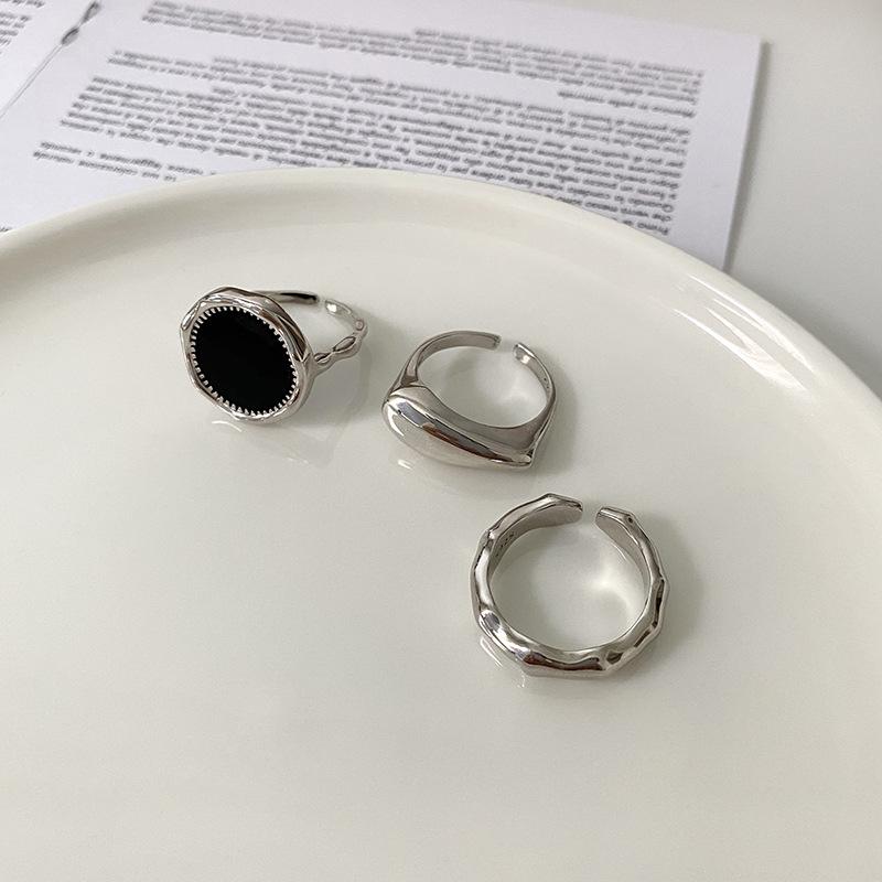 PANJBJ 925 Silver Geometric Black Dropwise Glaze Rings For Women Men Simple Korean Open Adjustable Handmade Jewelry Dropshipping