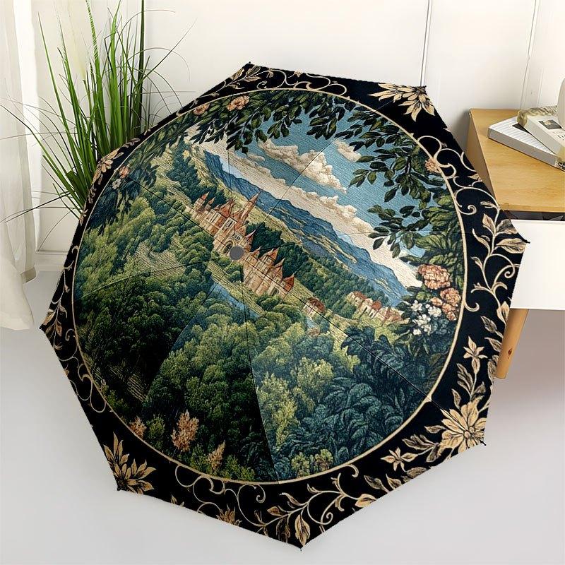 Renaissance Castle Scene Decorative PlateUmbrella with Cute Design,Portable 3-Fold Compact Umbrella for Men&Women,Valentine's Day Mother's D