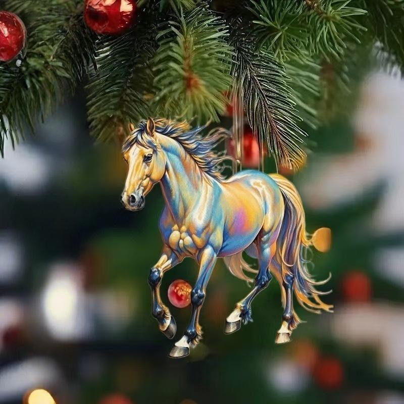 2D Acrylic Horse Car Rearview Mirror Pendant Charm Christmas Tree Backpack Hanging Ornament Party New Year Decoration Hanging