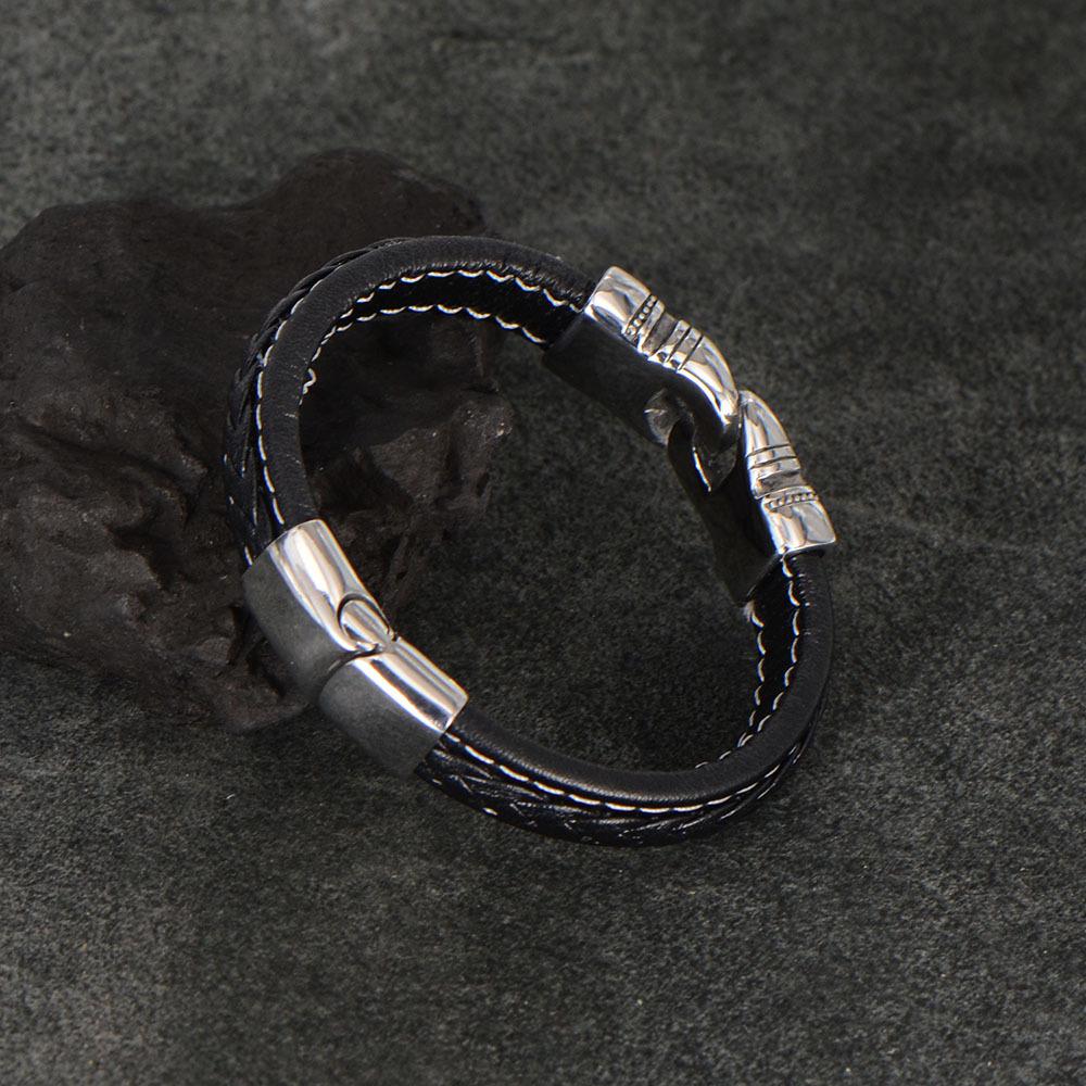 Men's Titanium Steel Black Leather Rope Woven Bracelet Bracelet European and American Simple Style