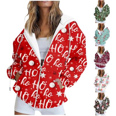 Women's Fashion Casual Christmas Print Long Sleeve Sweatshirt Pocket Jacket Zipper Hoodie Coat