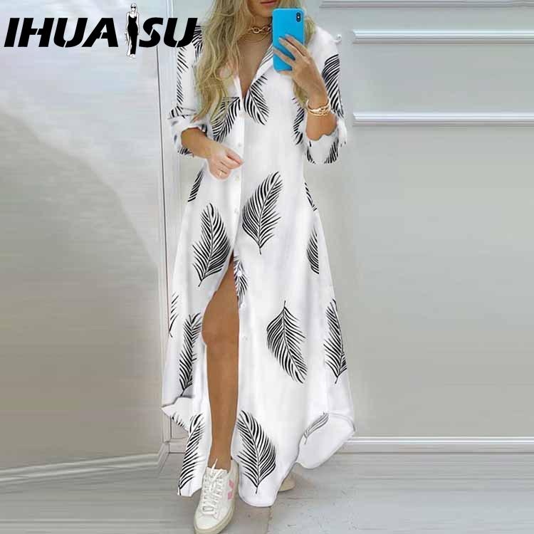 IHUASU Rochie Cămașă cu Imprimeu Temperamental de Primăvară Toamnă pentru Femei, cu Nasturi Simpli, Rochie Cămașă Deschisă, Rochie Lungă Casual