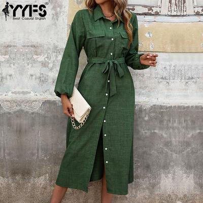 Women's Fashion Spring Fall Solid Color Print Long Sleeve POLO Neck High Waist Casual Dresses