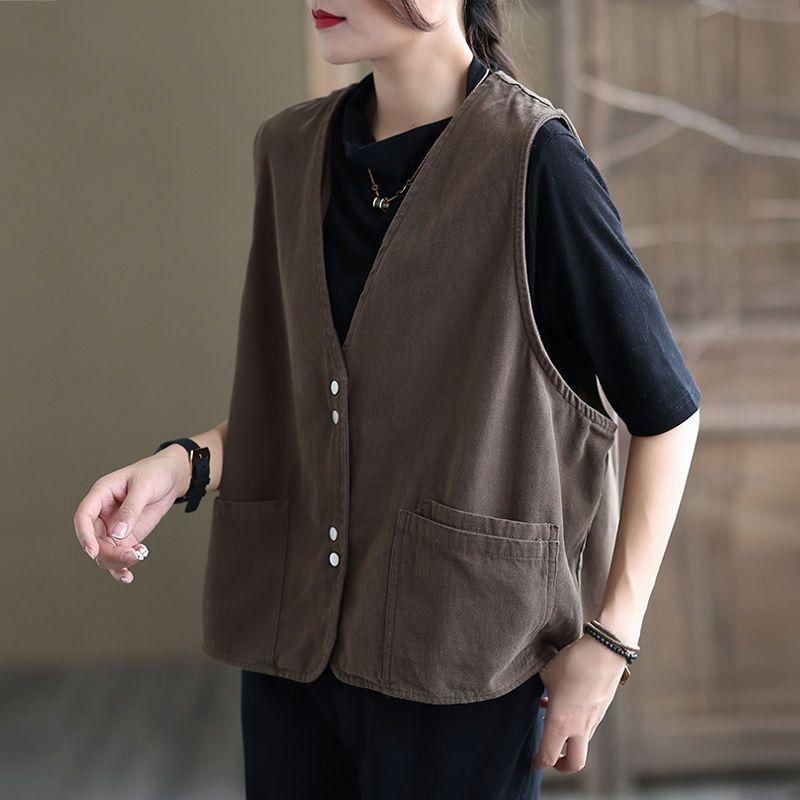 Vest Women's Spring and Autumn New Style Women's Commuting Solid Color Cotton Pocket Fashionable Retro Shoulder Jacket