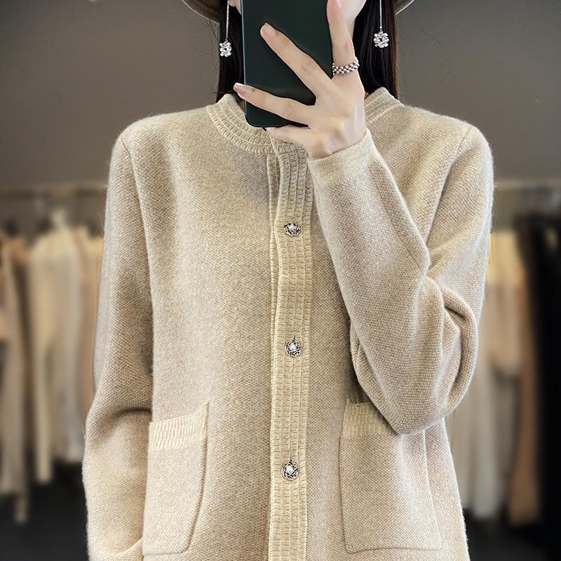Women's Pure Wool Color Block Cardigan - Round Neck Knit Sweater for Autumn/Winter