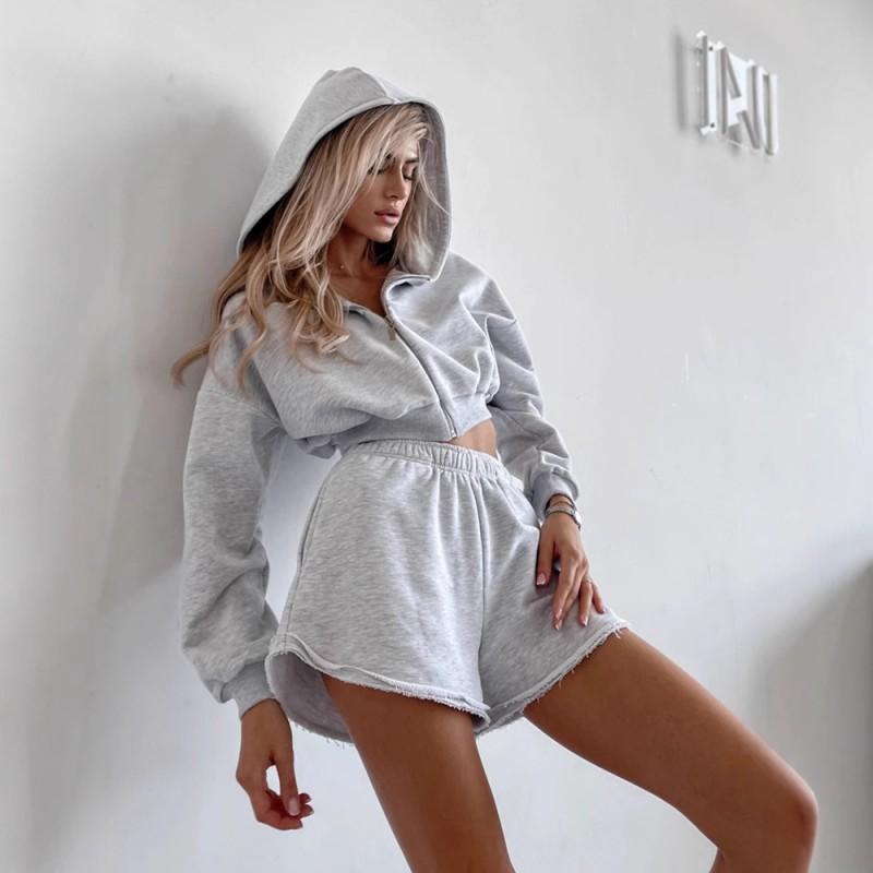 Womens Casual 2-Piece Set: Long Sleeve Hooded Zip-Up Sweatshirt Shorts Cotton Blend Street Style