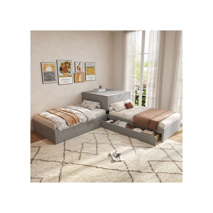 Lit d'angle, deux lits simples avec tiroirs de rangement, avec lit gigogne, 90x200 cm, sans matelas, lin, gris