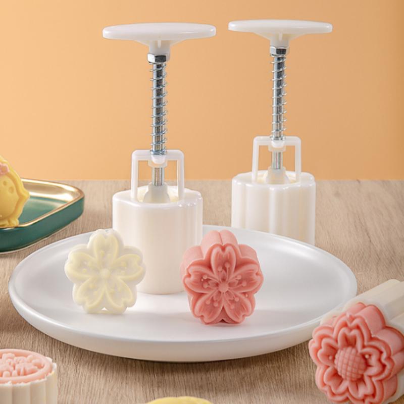 Mooncake Mold Plastic Hand-Pressure Cookie Stamps Flower Cherry Lion Pattern Plungers Pastry Decoration Tool Mid-Autumn Festival