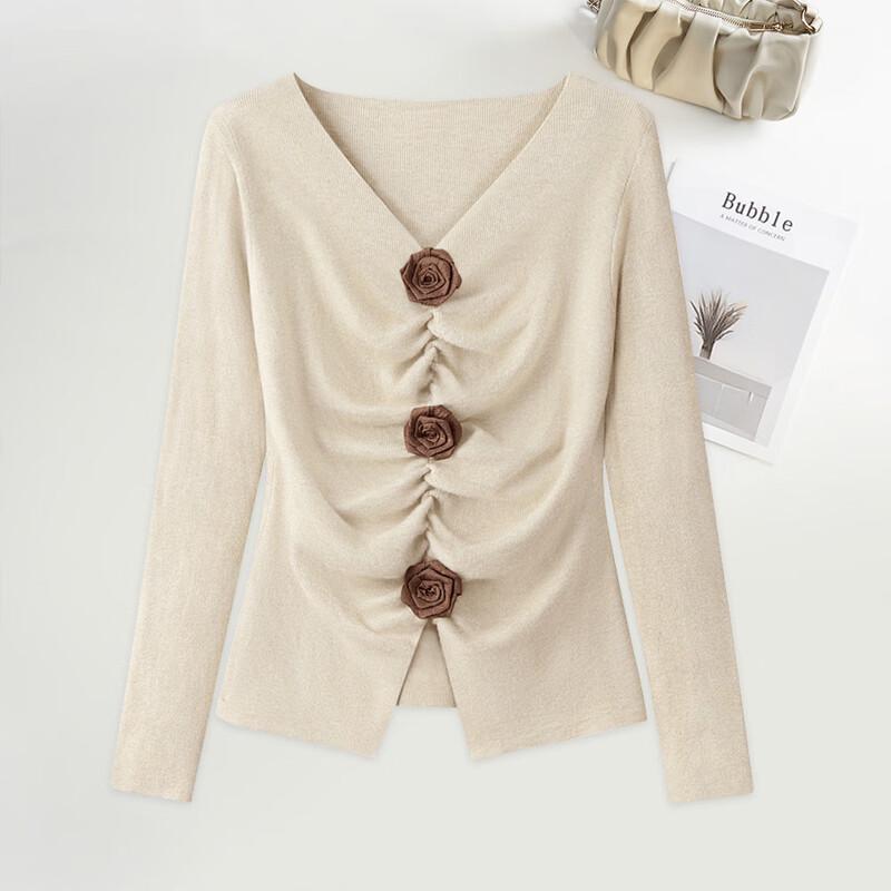 Women s Elegant V-Neck Knitted Top with 3D Floral Embellishments S