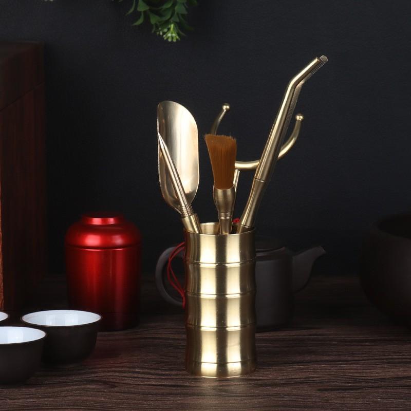 Brass Tea Ceremony Set With Tongs Pick Scoop Brush Holder - 6-Piece Gourmet Tools In Gift Box