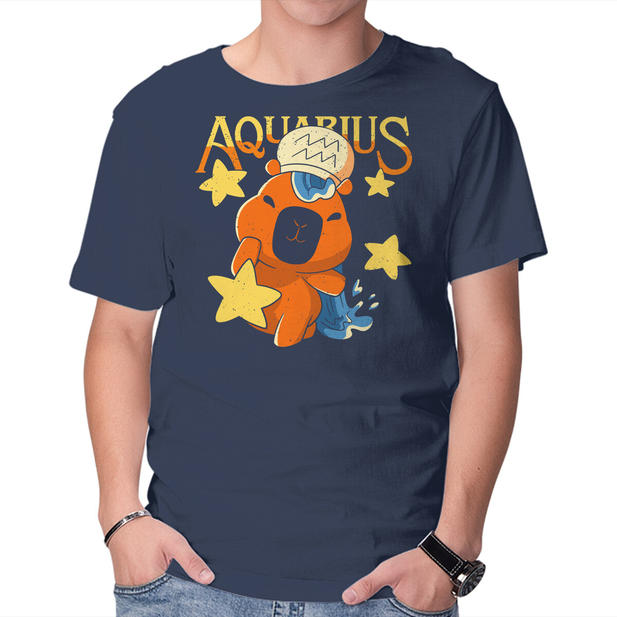 Unisex Crew Neck T-Shirt Capybara Aquarius Graphic Short Sleeve Casual Tee L