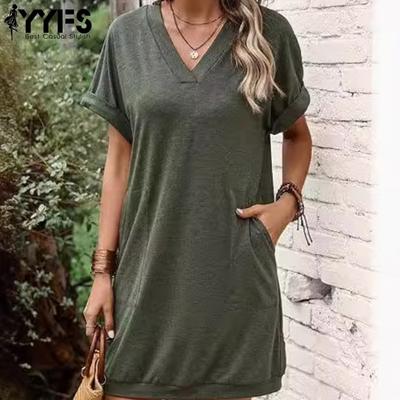 Women's Fashion Summer Spring Solid Color Print Short Sleeve V-Neck High Waist Casual Dresses