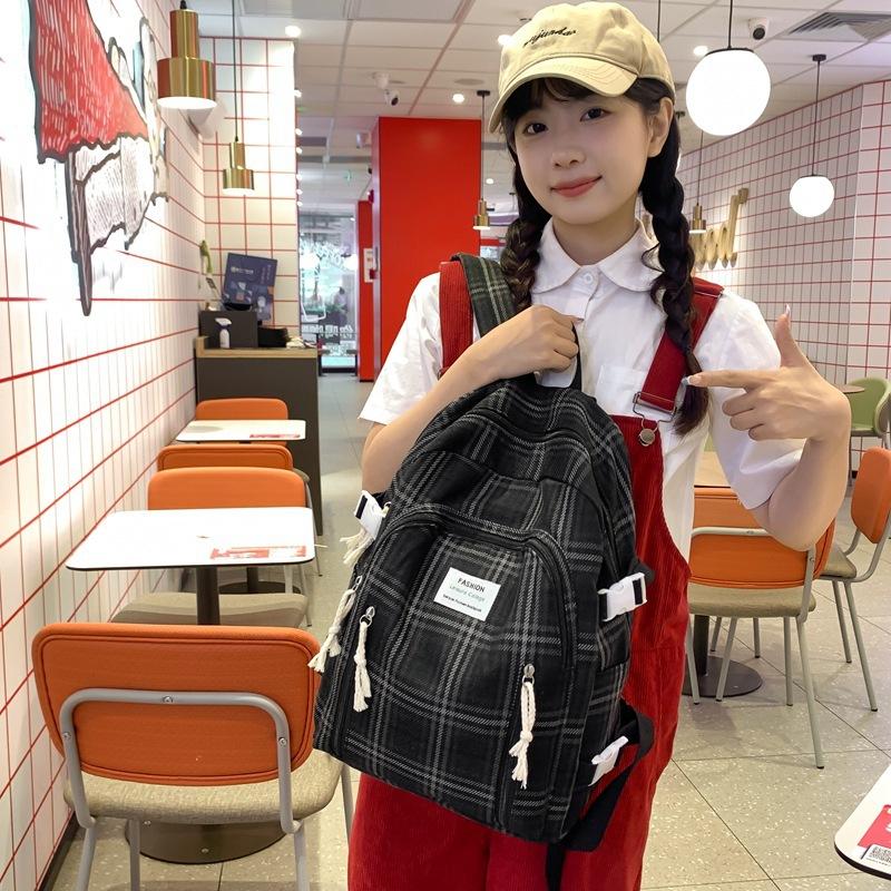 2025 New Plaid Cotton and Linen Double Backpack for Girls To Travel Lightly and Go Out Daily with Backpack Schoolbag