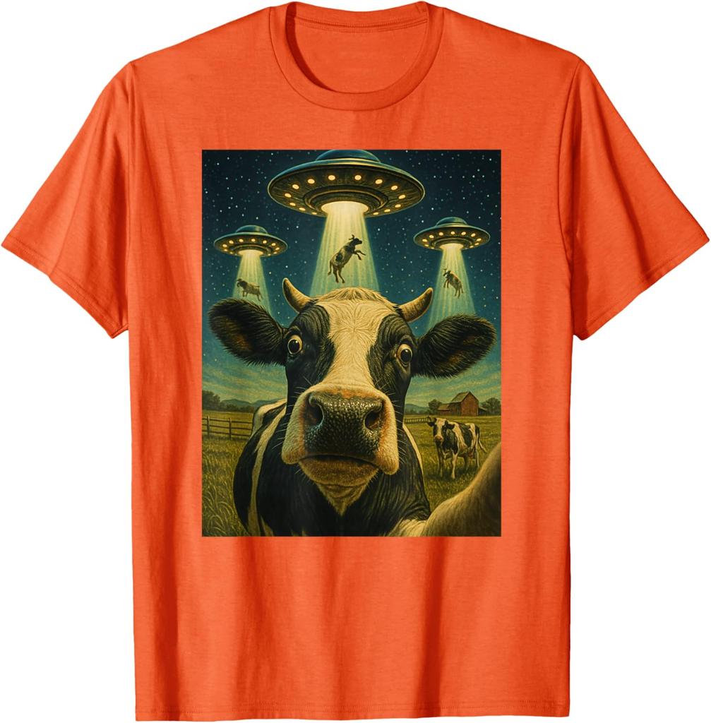 Funny Cow Abduction Selfie UFO Alien Graphic Tee T-Shirt Casual Daily Wear