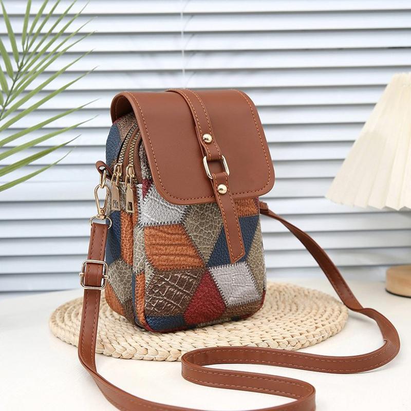 Retro Contrasting Color Women'S Bag Multi-Layer Practical Small Crossbody Bag Diamond Splicing Phone Bag Shoulder Bag