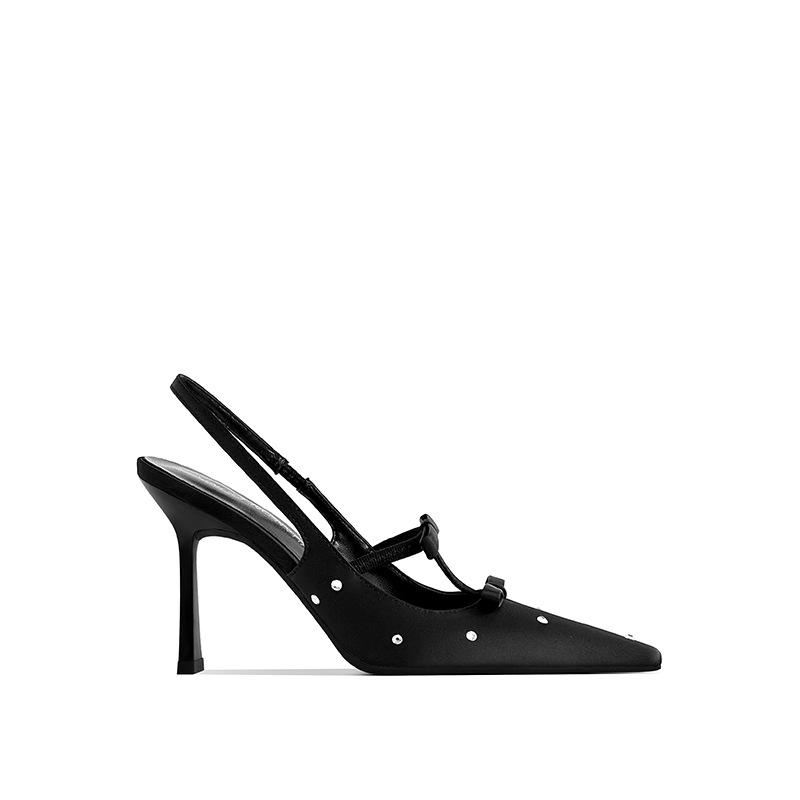 Luxury Sandals Women Designers Dot Rhinestone Bow Sexy Black High Heels Small Square Head Beautiful Light Mouth Backempty Shoes