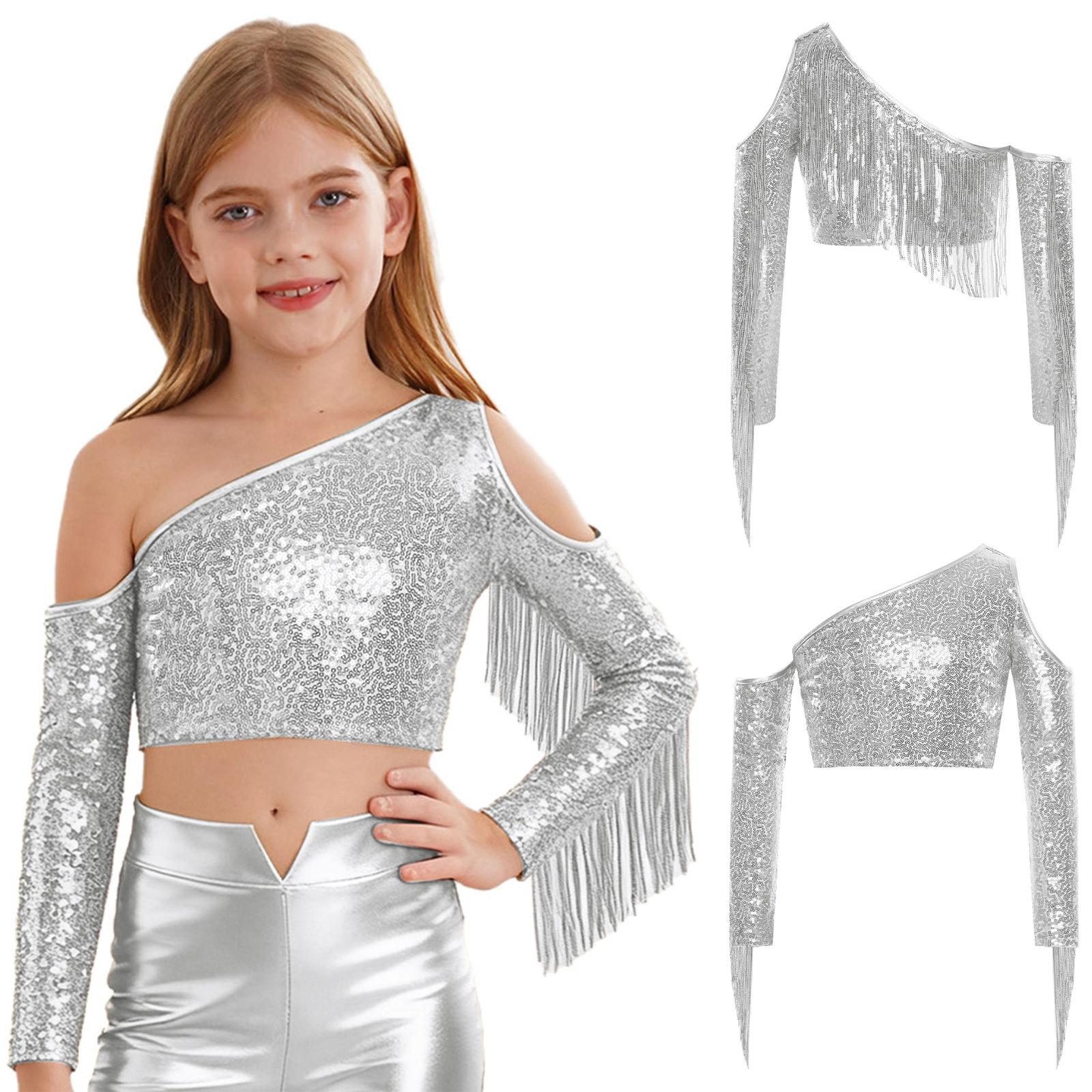 Kinder Mädchen Schönheitswettbewerb Bühnenauftritt Kostüm Ein Schulter Langarm Fransen Glitzernde Pailletten Crop Top für Tanzwettbewerb Aufführung 9-10 Years silber
