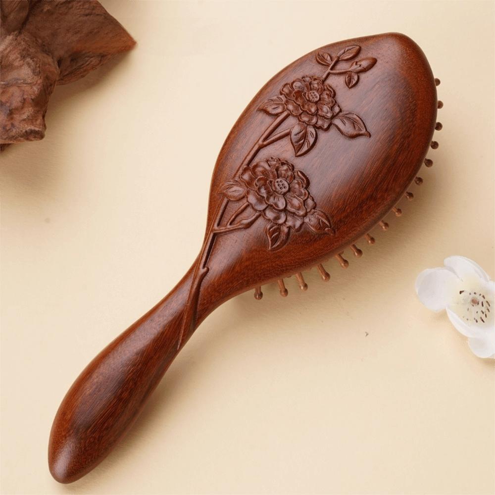 New High Quality Hand Carved Sandalwood Comb Oval Shape Wooden Air Cushion Comb Styling Brush Fine-Toothed Scalp Massage Brush
