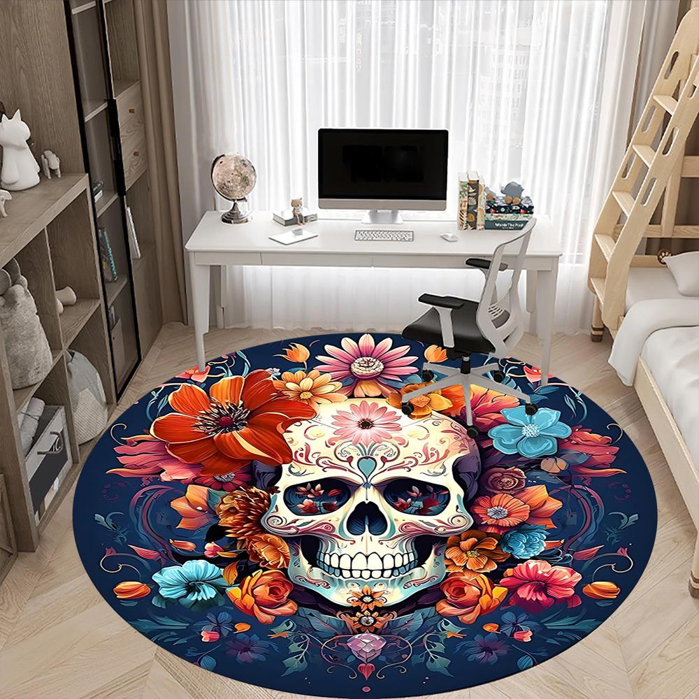 1pc Sugar Skull Flowers Office Round Area Rug, Under Office Chairs Bedroom Living Room Home Decor, Room Deco, Available in Various Sizes