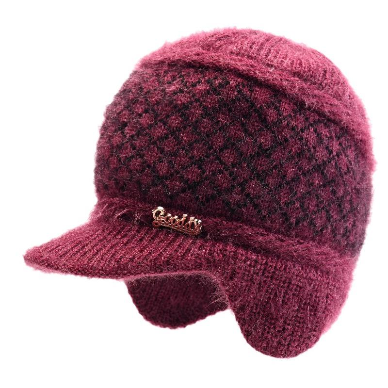 Winter Hat Female Old Lady Knitted Wool Hat Piled Thickened Warm and Cold Ear Hat